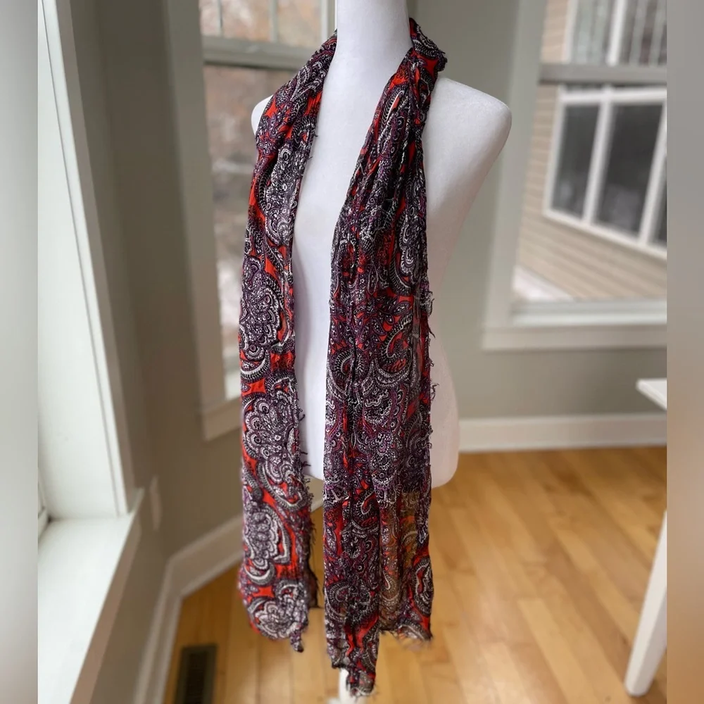 The Limited Violet Orange White Paisley Print Sheer Fringe Wrap Scarf